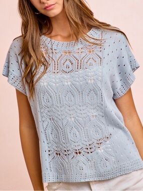 🩵Hello Gorgeous! BiBi Washed Eyelet Short Sleeve Breathable Knit Top- Ice Blue